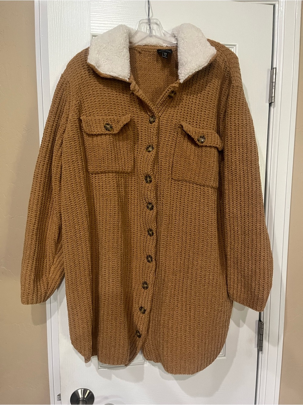 Derek Heart Tan Knit Teddy-Collar Shacket